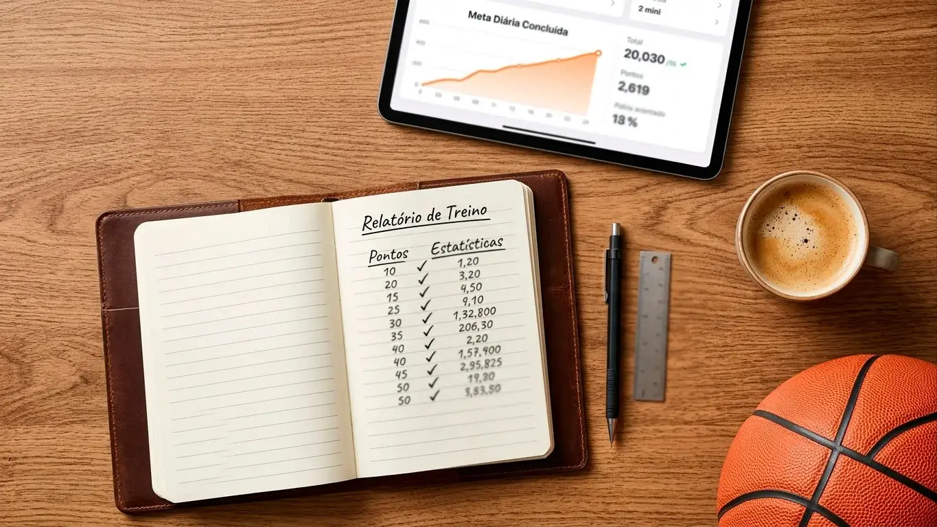 Caderno com registo de apostas NBA e notas de gestão de banca