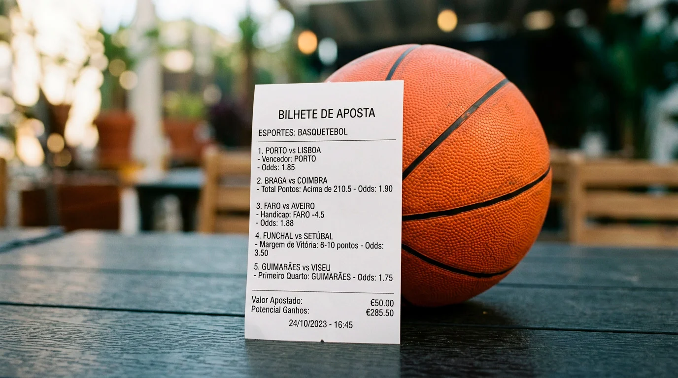Bilhete de apostas múltiplas com varios jogos NBA e bola de basquetebol ao lado