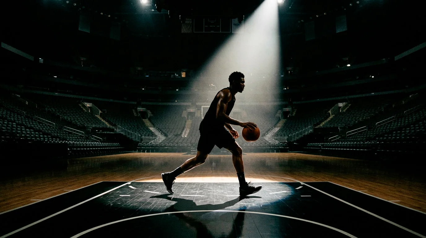 Jogador de basquetebol NBA em destaque a executar um lancamento com holofotes na arena