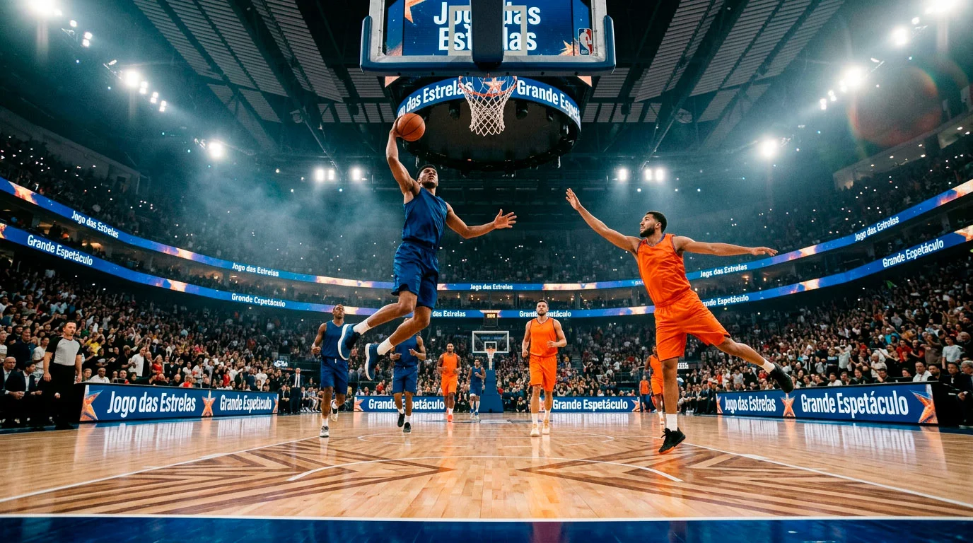 Jogadores de basquetebol NBA em uniforme de All-Star Game com ambiente festivo na arena