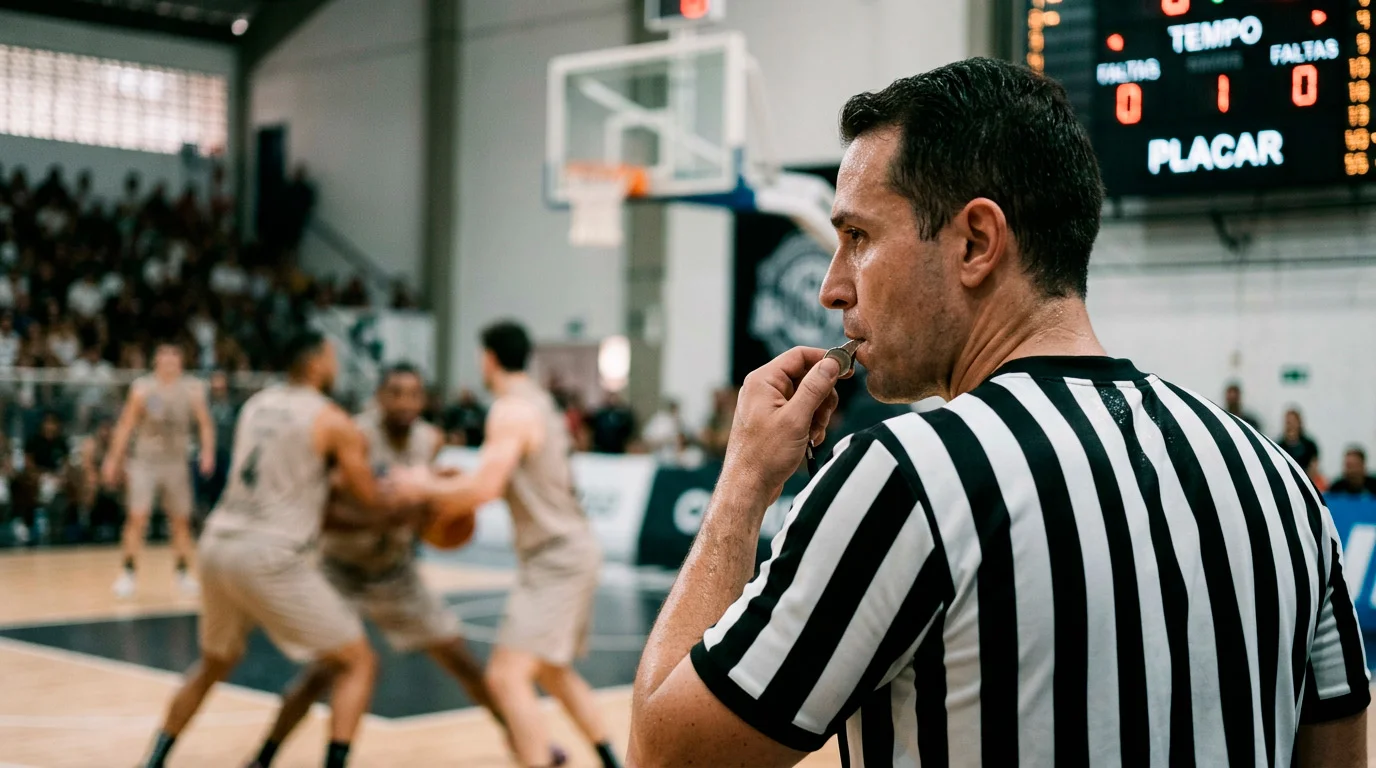 Árbitro de basquetebol NBA a apitar falta durante jogo com jogadores ao fundo