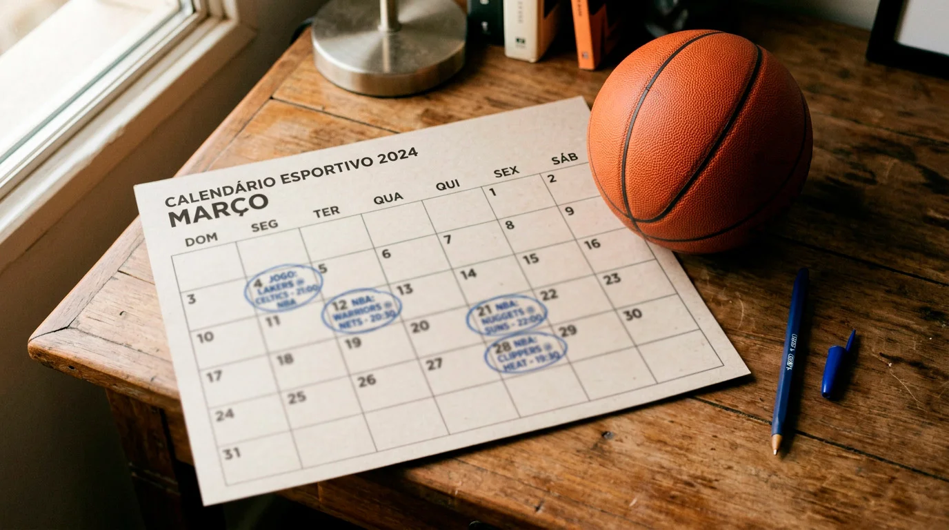 Calendário desportivo com jogos NBA marcados e bola de basquetebol ao lado