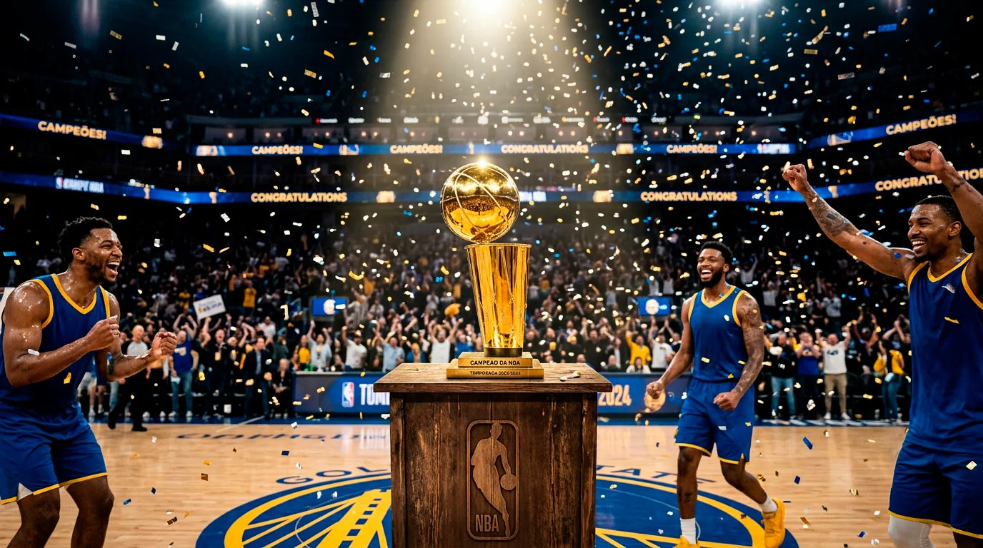 Trofeu de campeonato NBA ao centro do campo de basquetebol com confettis e iluminacao de arena