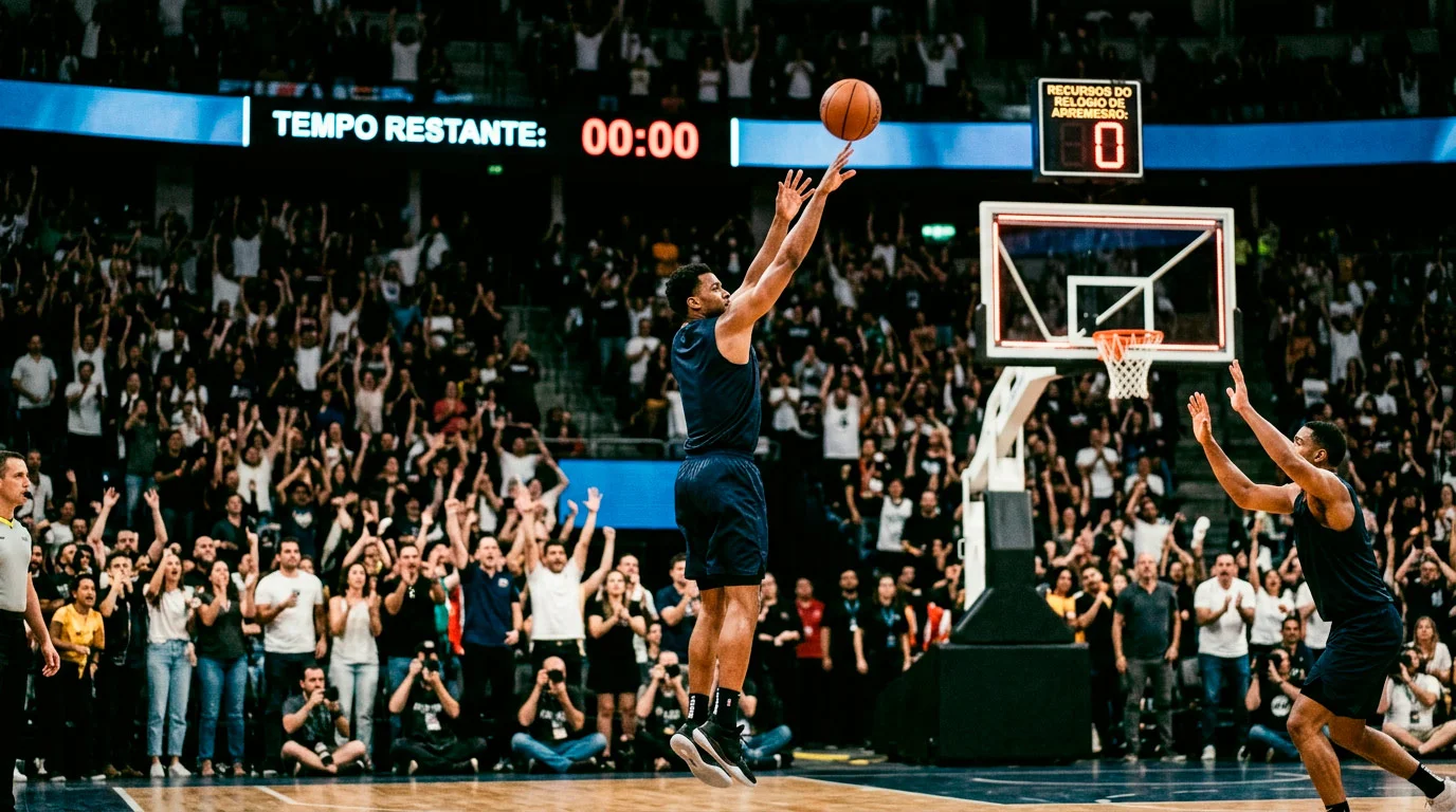 Jogador de basquetebol NBA a lancar nos segundos finais com pressao e relogio a zero