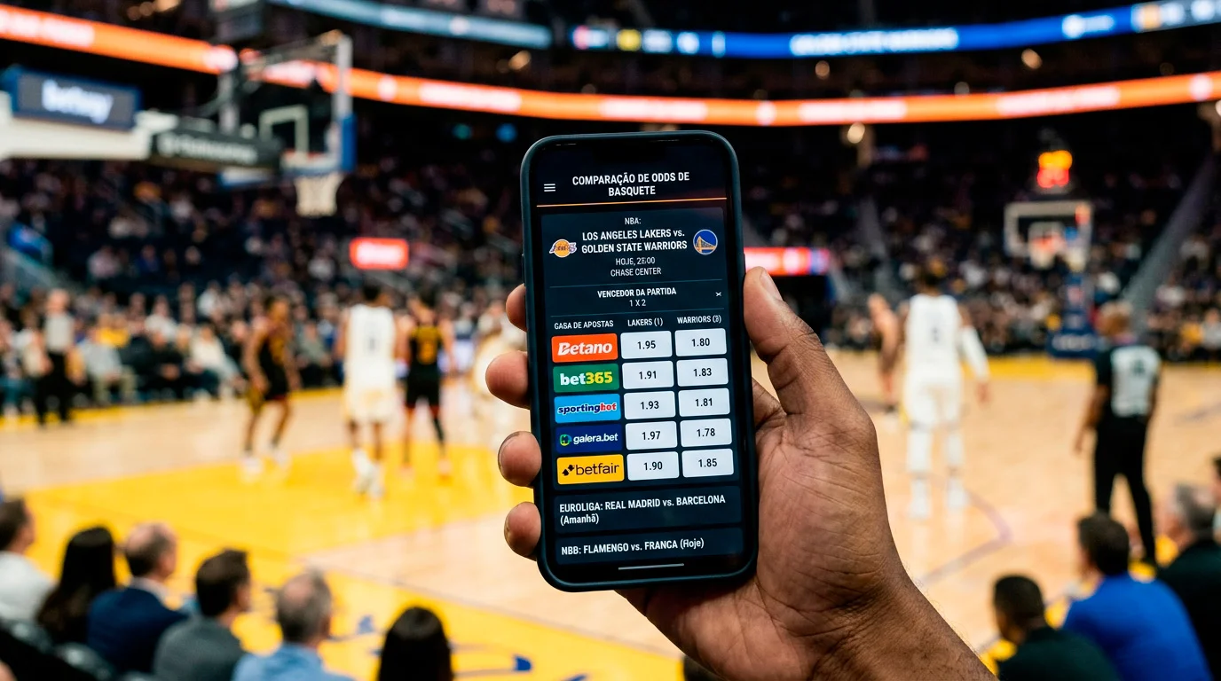 Telemóvel com ecra de comparação de odds de basquetebol NBA entre operadores