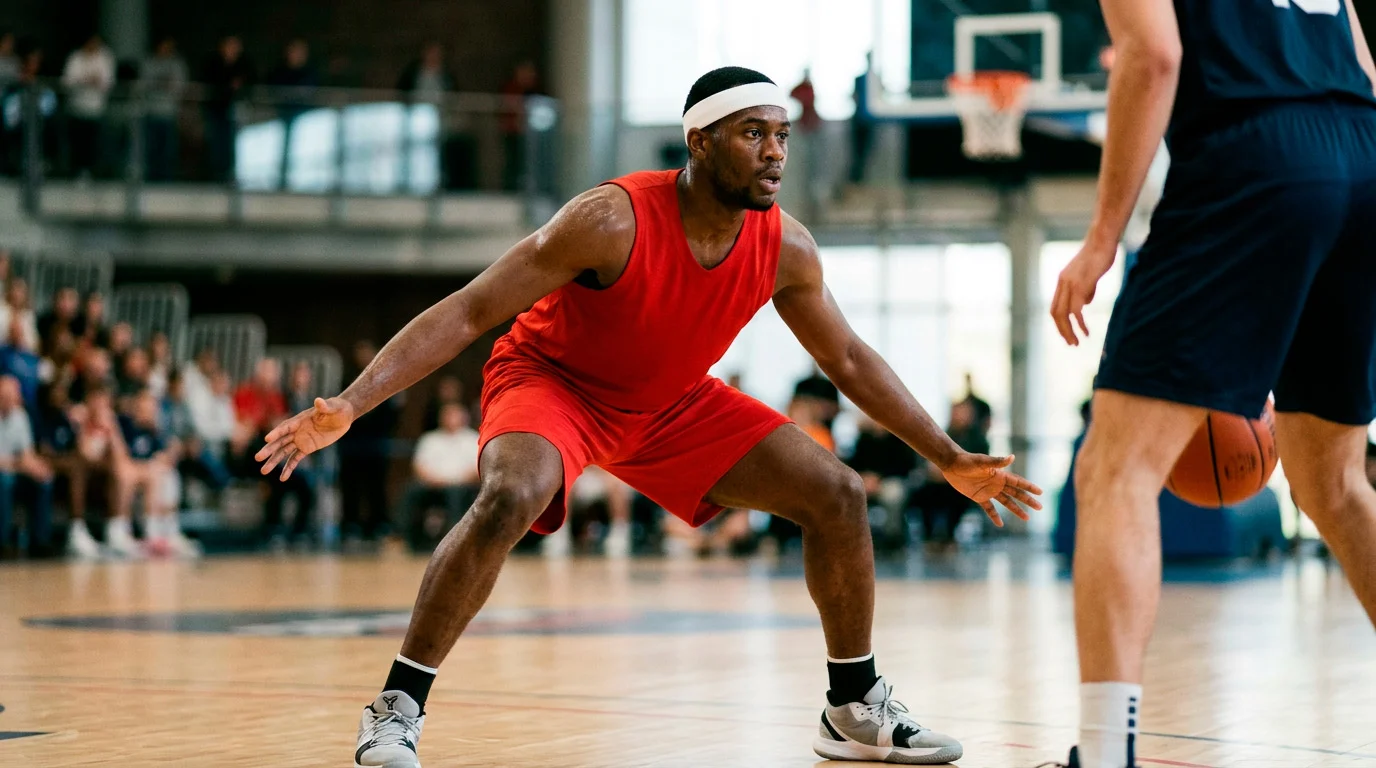 Jogador de basquetebol NBA em posição defensiva a bloquear adversario junto ao cesto