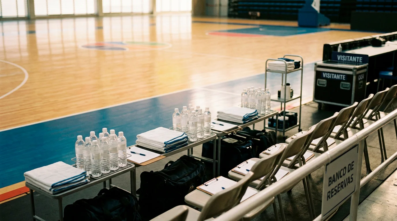Banco de suplentes de basquetebol NBA vazio com bolas e equipamento de recuperação