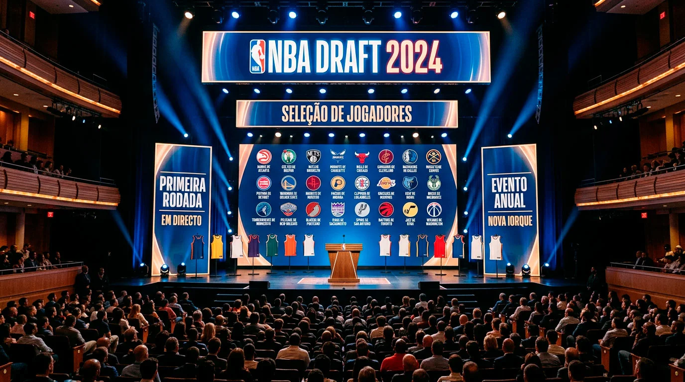 Palco do Draft NBA com bone e jersey em exposição e publico na plateia