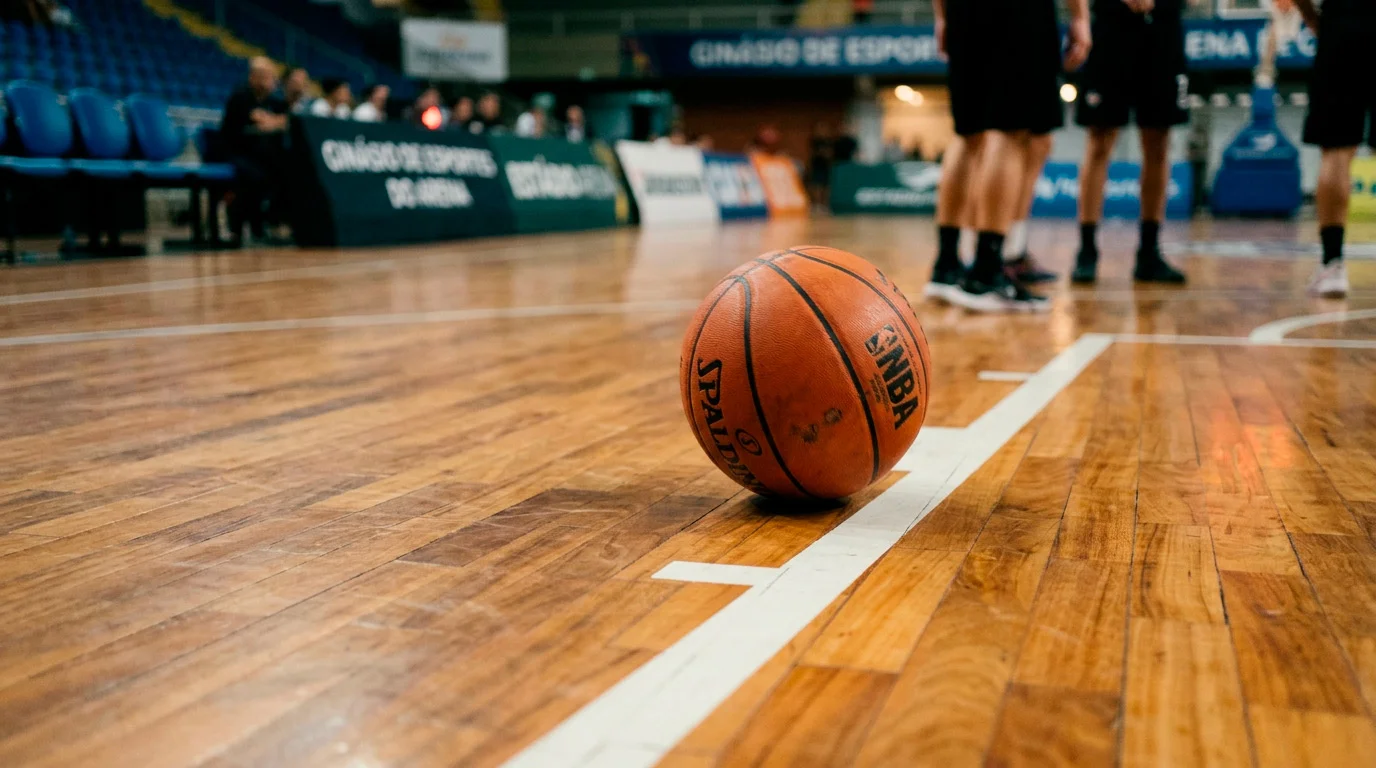 Bola de basquetebol NBA a sair pela linha lateral do campo apos erro de passe