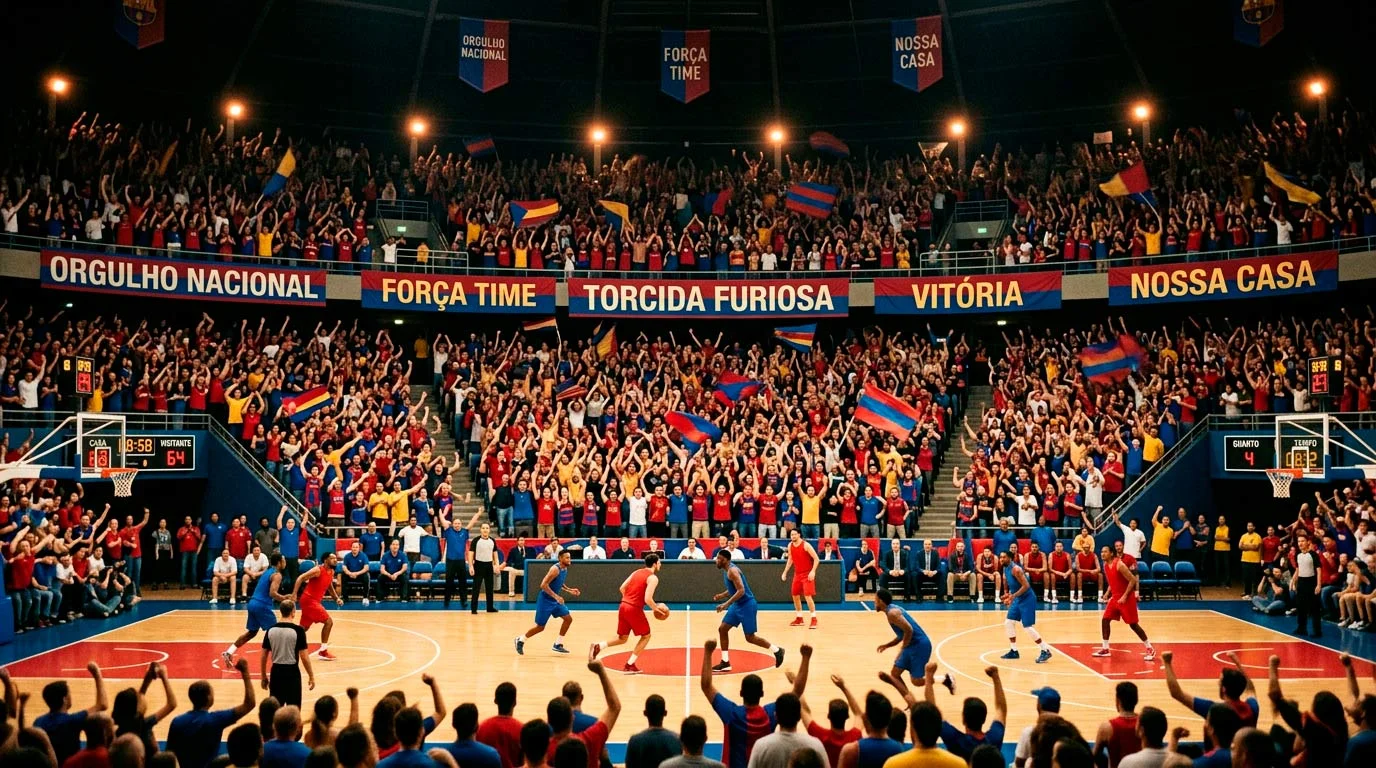 Arena de basquetebol NBA cheia com adeptos a apoiar a equipa da casa durante o jogo