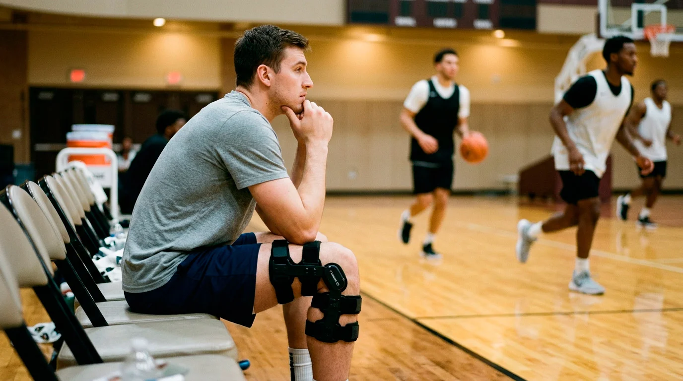 Jogador de basquetebol NBA no banco de suplentes com joelheira e equipa em campo