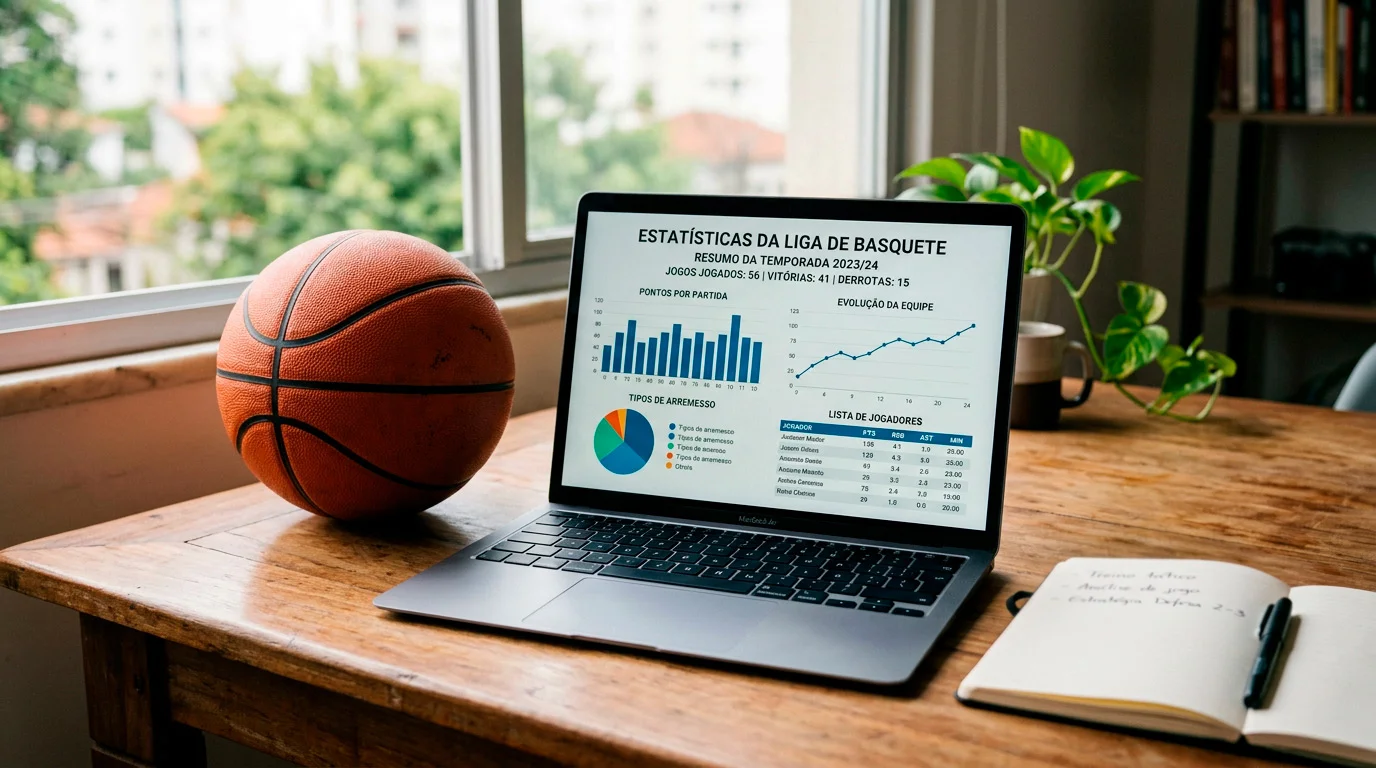 Computador portatil com graficos estatisticos de basquetebol NBA e bola ao lado
