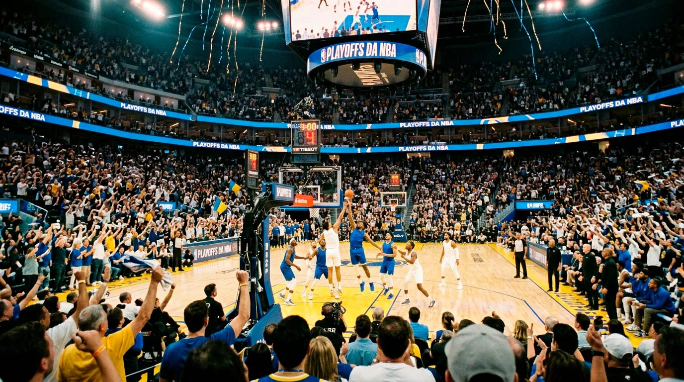 Campo de basquetebol NBA durante jogo de playoffs com bancada cheia e intensidade competitiva