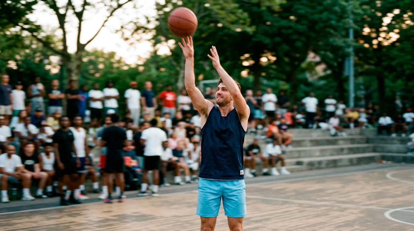Jogador de basquetebol NBA em acao de jogo com estatísticas individuais em destaque