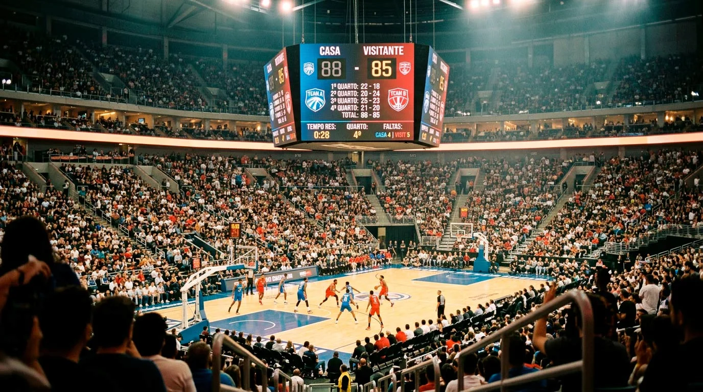 Marcador de jogo NBA a mostrar resultado por quartos com campo de basquetebol ao fundo