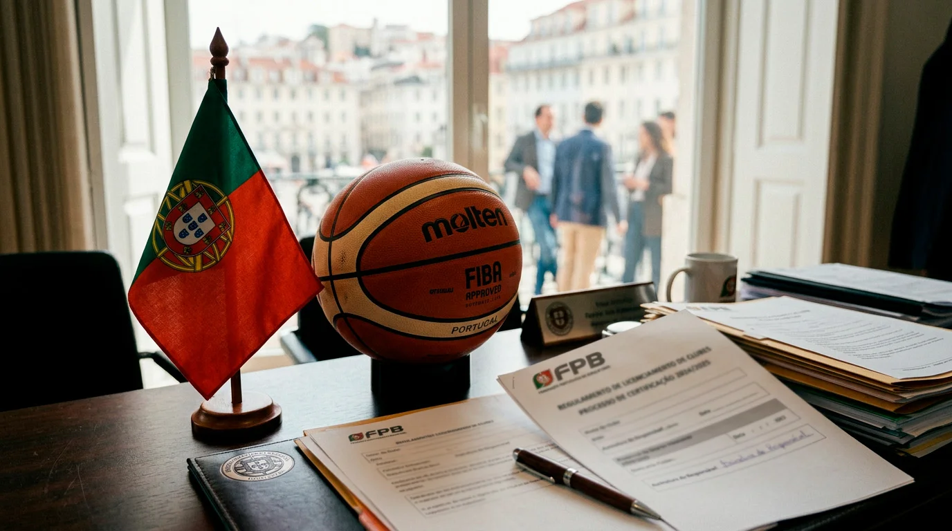 Bandeira de Portugal com bola de basquetebol e simbolo de licenciamento oficial