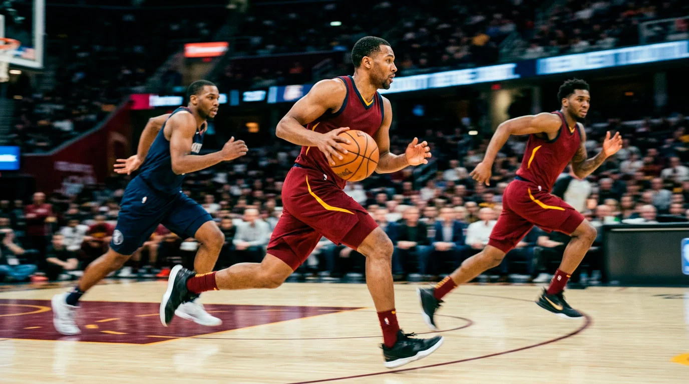 Jogadores de basquetebol NBA em contra-ataque rapido com bola em transicao pelo campo