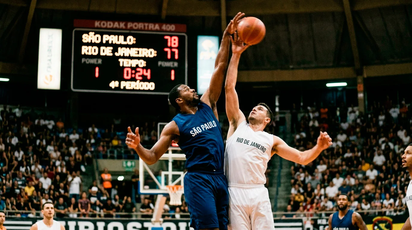 Campo de basquetebol NBA com marcador a mostrar diferença de pontos entre duas equipas