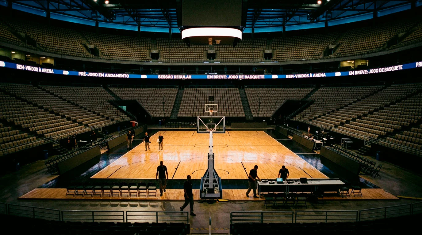 Pavilhao NBA vazio antes de jogo de temporada regular com bola no centro do campo