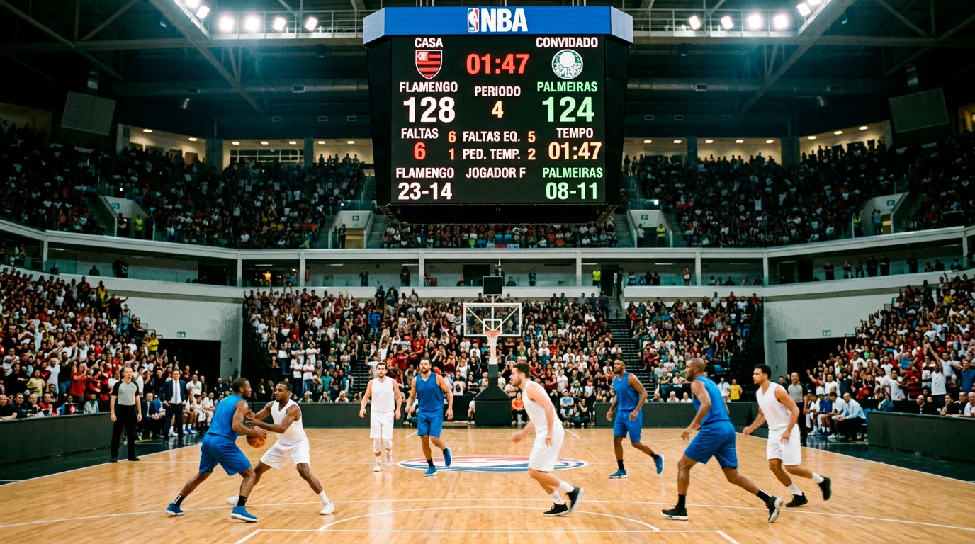 Marcador de jogo NBA com pontuação alta e bola de basquetebol em lancamento