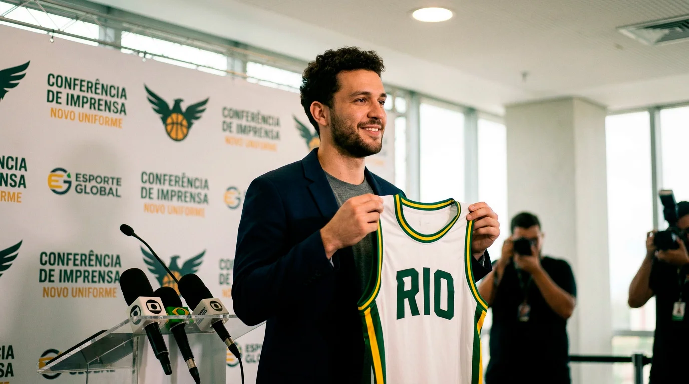 Jogador de basquetebol NBA com jersey nova apos transferencia em conferência de imprensa