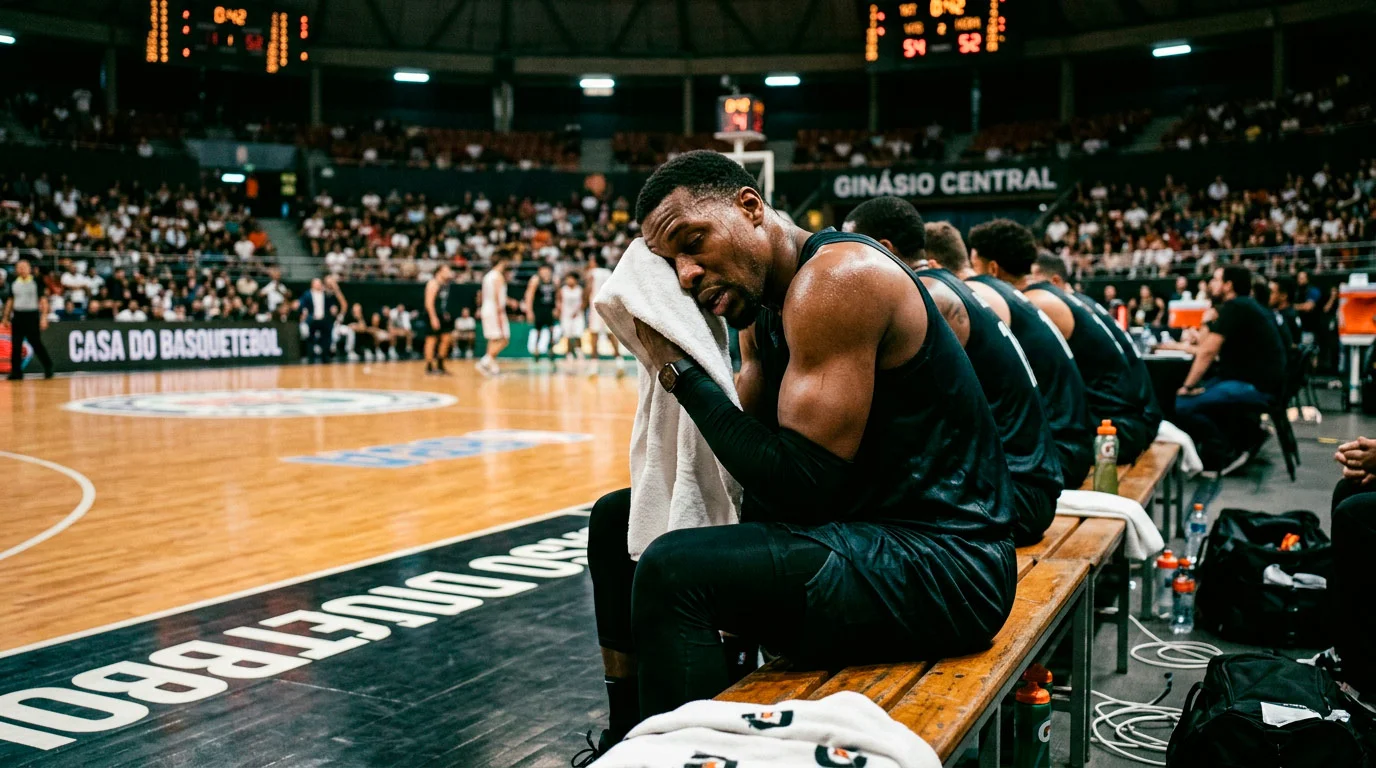 Jogador de basquetebol NBA em fadiga apos jogo back-to-back com bola e tabela ao fundo