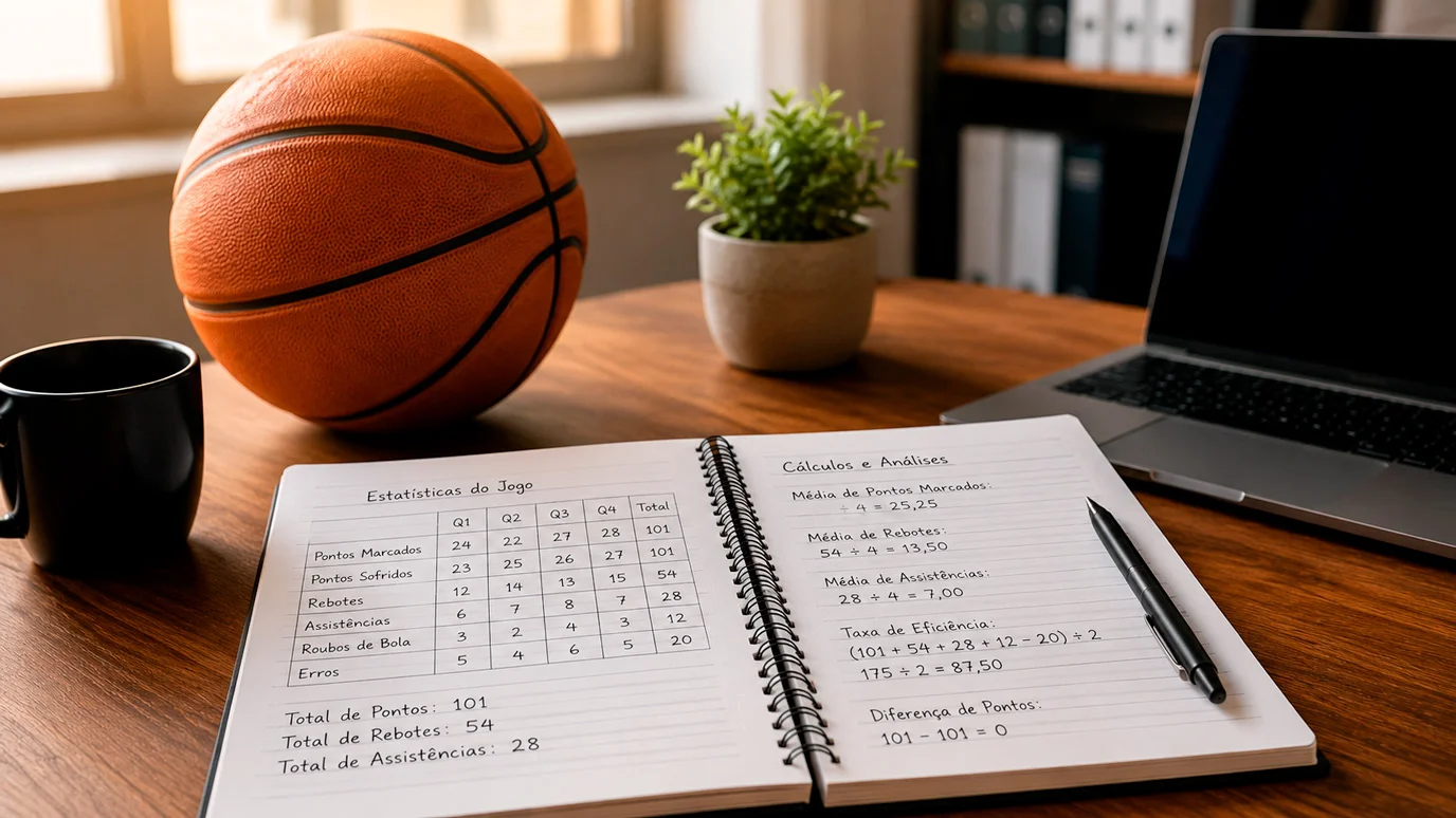 Caderno com anotacoes de gestão de banca e bola de basquetebol sobre secretaria