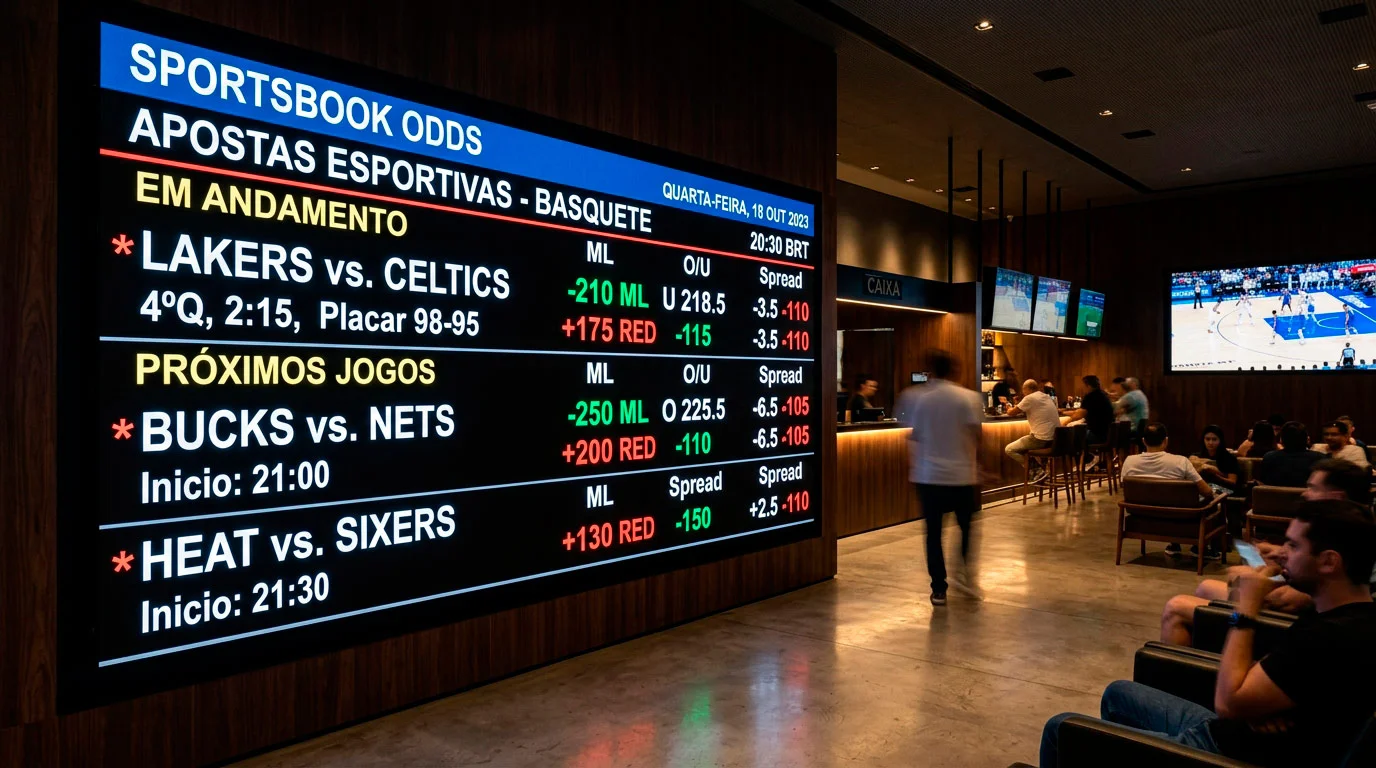 Ecra com graficos de odds de basquetebol NBA em movimento e variacao de linhas
