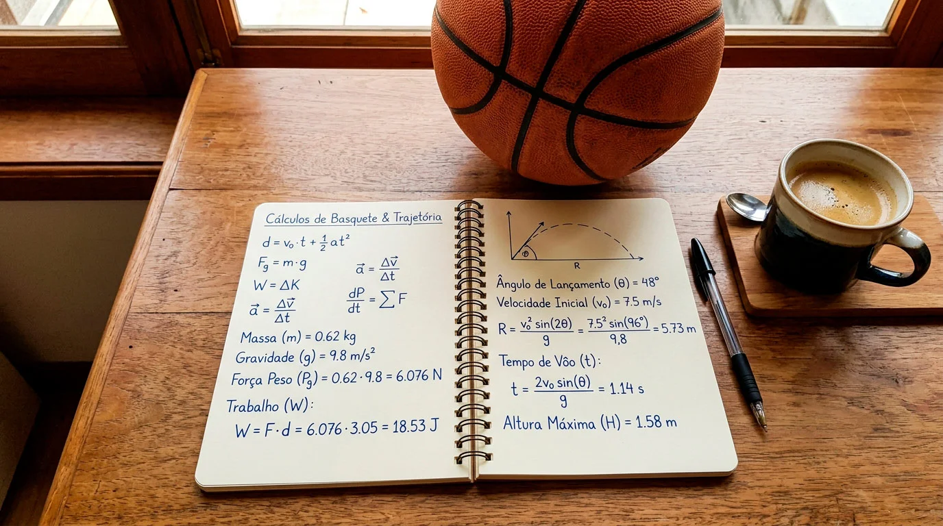 Bola de basquetebol NBA sobre mesa com anotacoes de cálculos e odds visiveis