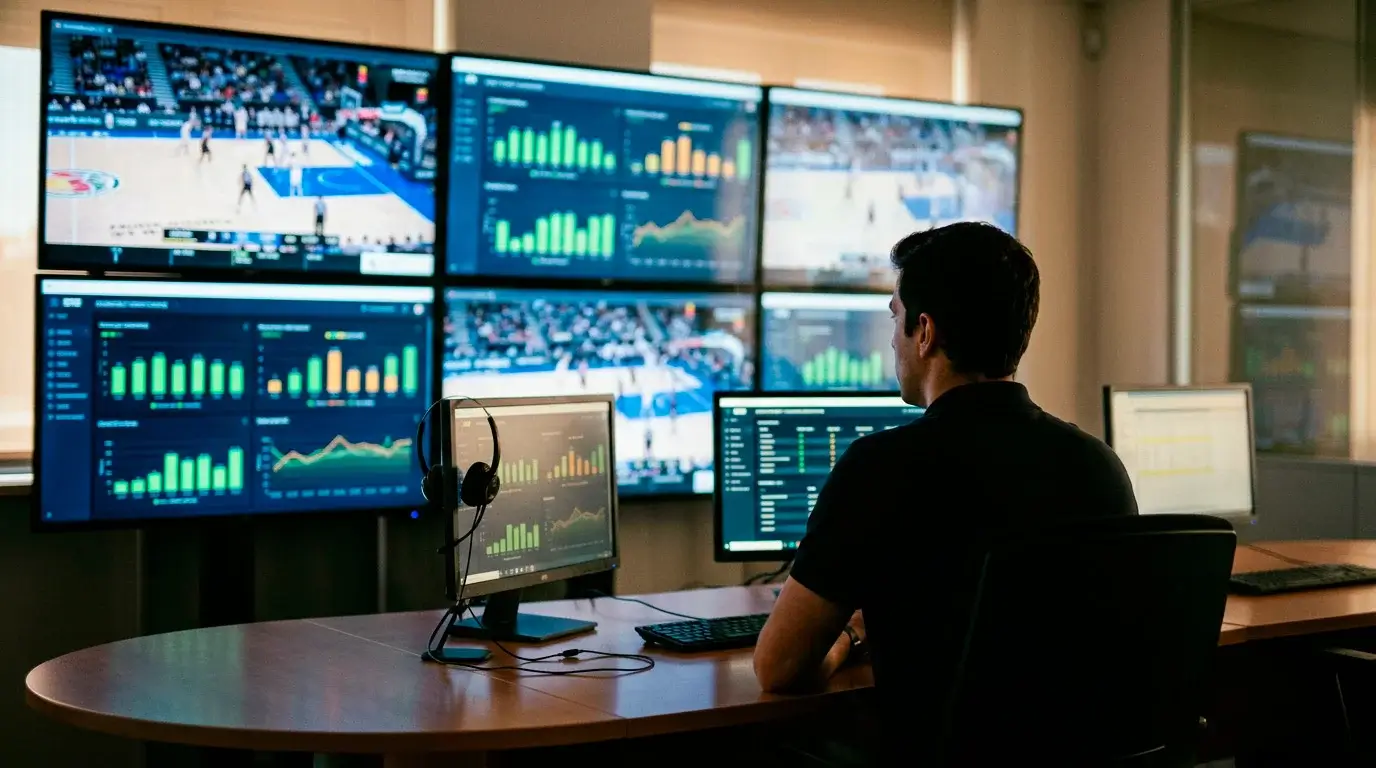 Centro de monitorização de integridade desportiva com ecrãs a analisar jogos de basquetebol NBA